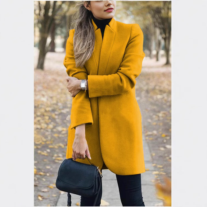 Women's tailored long blazer coat with stand-up collar and concealed fastening Mune Fashion