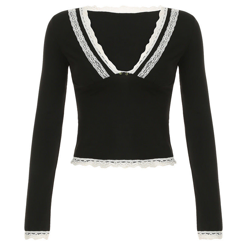 Women's tailored long sleeve crop top with deep V-neck, delicate lace trim and supportive underbust seam Mune Fashion