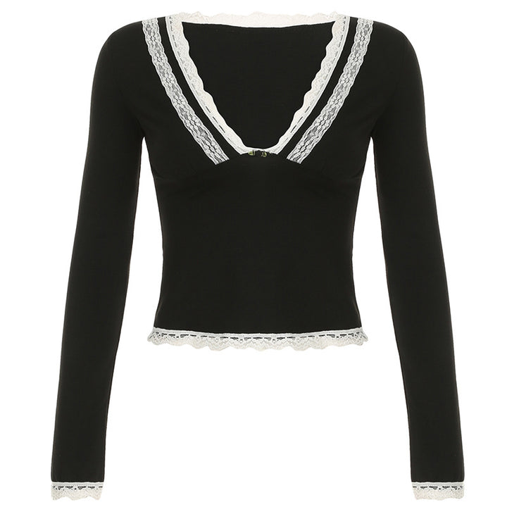 Women's tailored long sleeve crop top with deep V-neck, delicate lace trim and supportive underbust seam Mune Fashion
