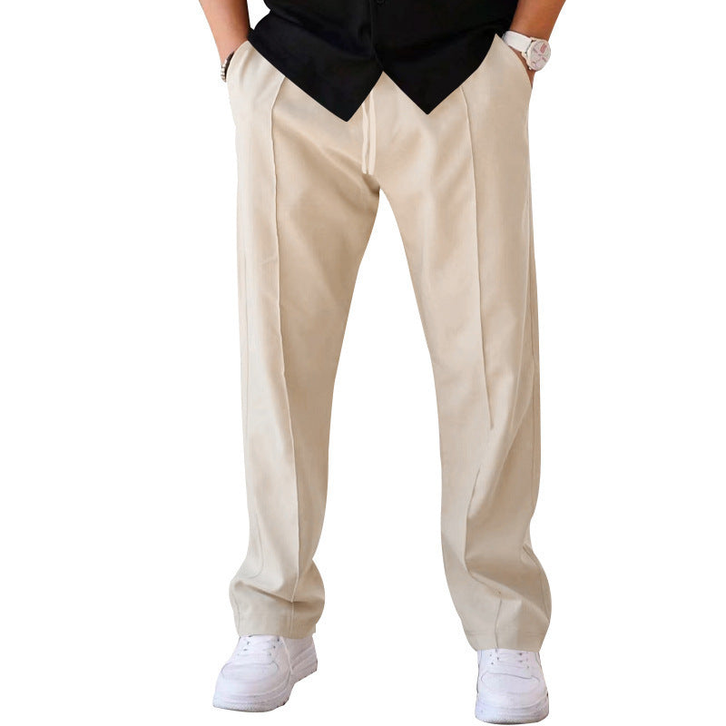 Men's Straight Cut Casual Pants with Drawstring, Crease and Side Pockets Mune Fashion