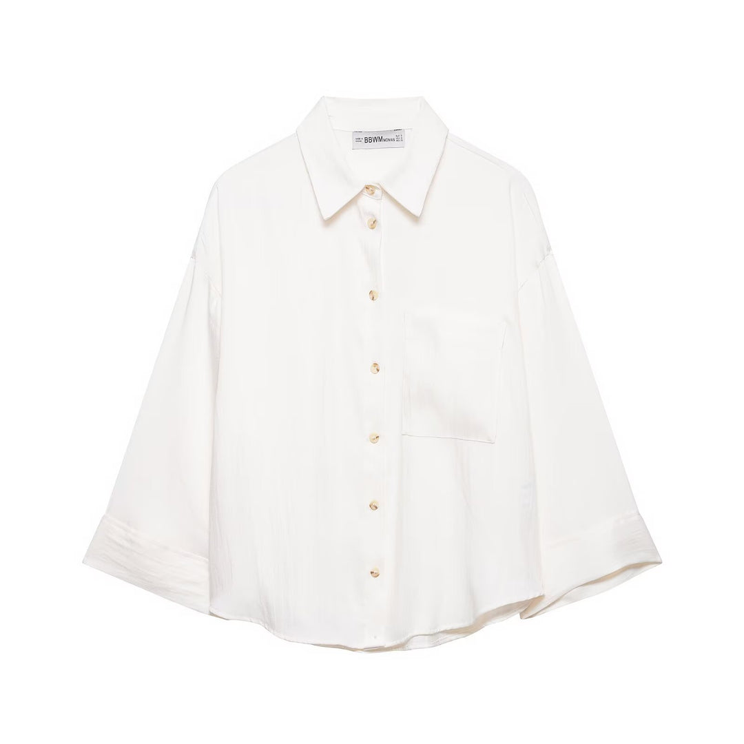 Women Oversized Shirt Blouse with Dropped Shoulders, Three-Quarter Sleeves and Chest Pocket Mune Fashion