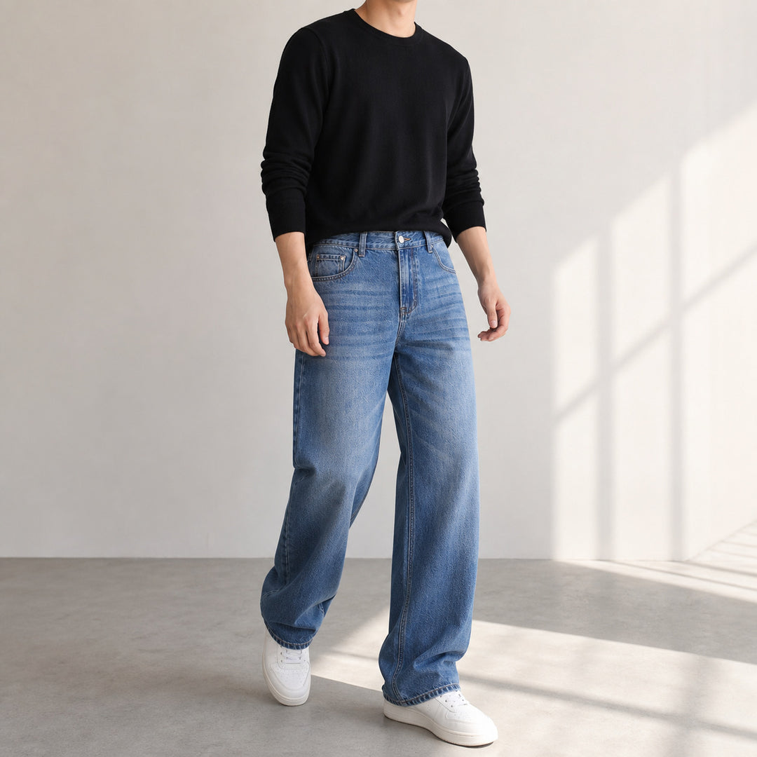 Women's Wide High-Waist Denim Pants with Wide Leg and Vintage Wash Mune Fashion