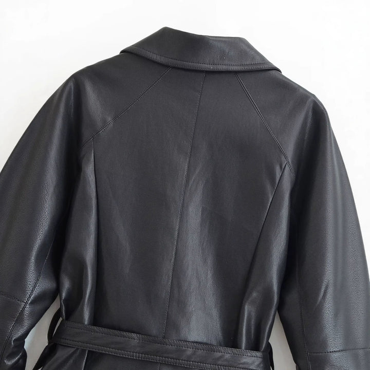 Women Tailored Leather Look Jacket with Tie Belt and Raglan Sleeves Mune Fashion