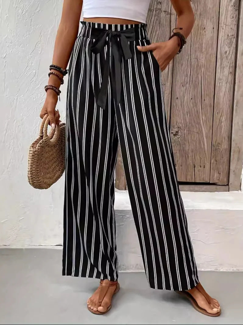 Women Striped High-Waist Paperbag Palazzo Pants with Wide Leg Drune