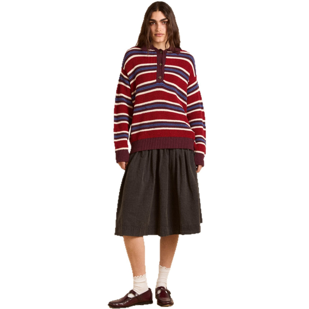 Women’s Oversize Knit Sweater with Polo Collar & Multi-layered Stripe Relief Mune Fashion
