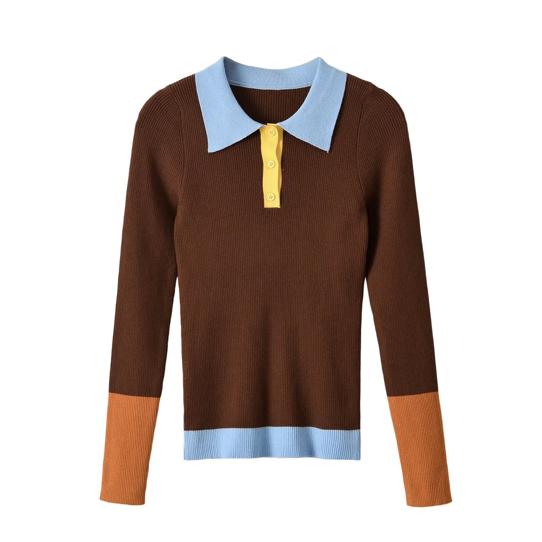 Women's figure-hugging ribbed knit sweater with polo collar, button placket, and color block details Mune Fashion