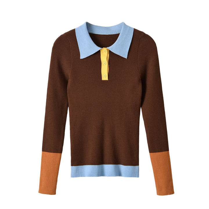 Women's figure-hugging ribbed knit sweater with polo collar, button placket, and color block details Mune Fashion