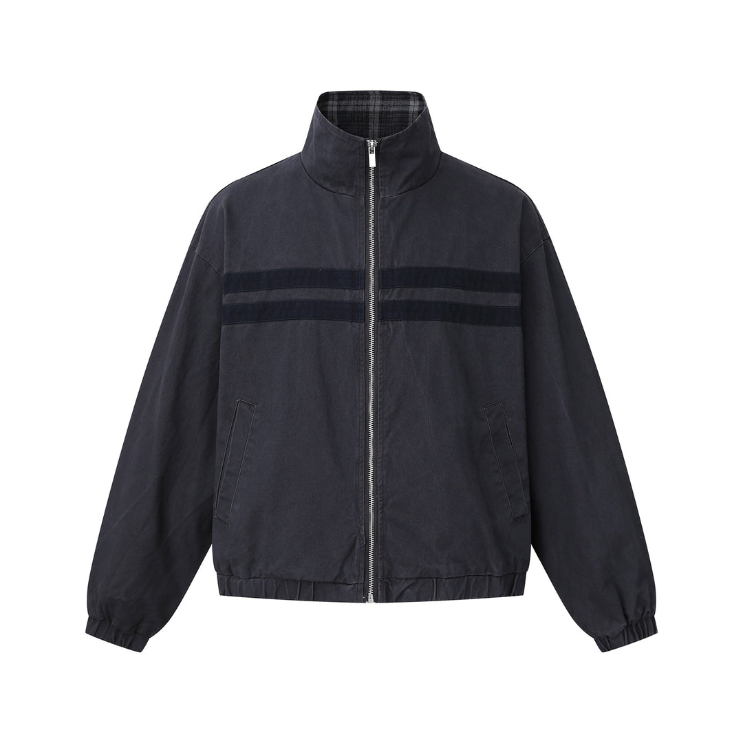 Unisex Short Cut Boxy Blouson Jacket with Stand-Up Collar and Horizontal Chest Piping Mune Fashion