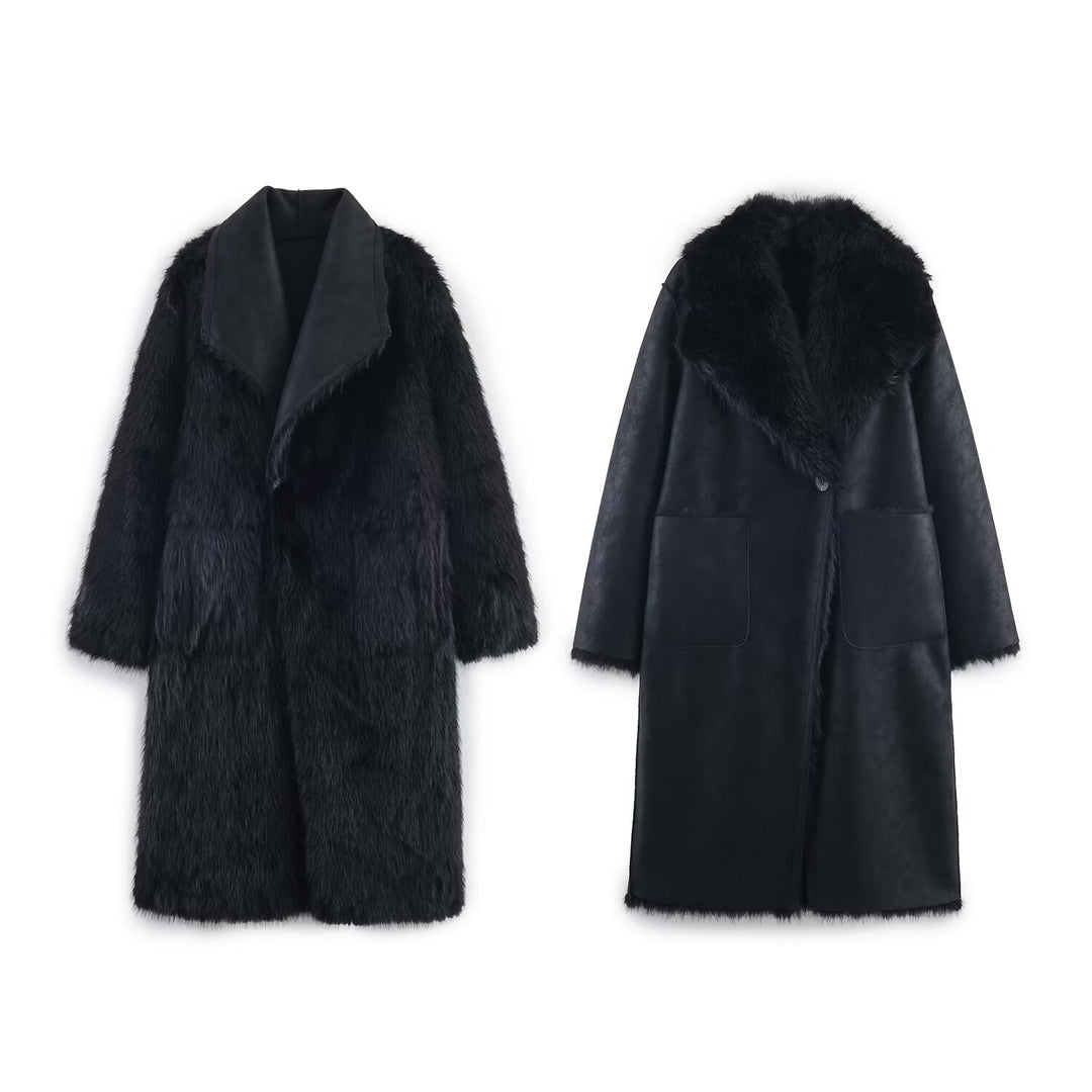 Women Longer Reversible Faux Fur Coat with Oversized Shawl Collar and Patch Pockets Mune Fashion