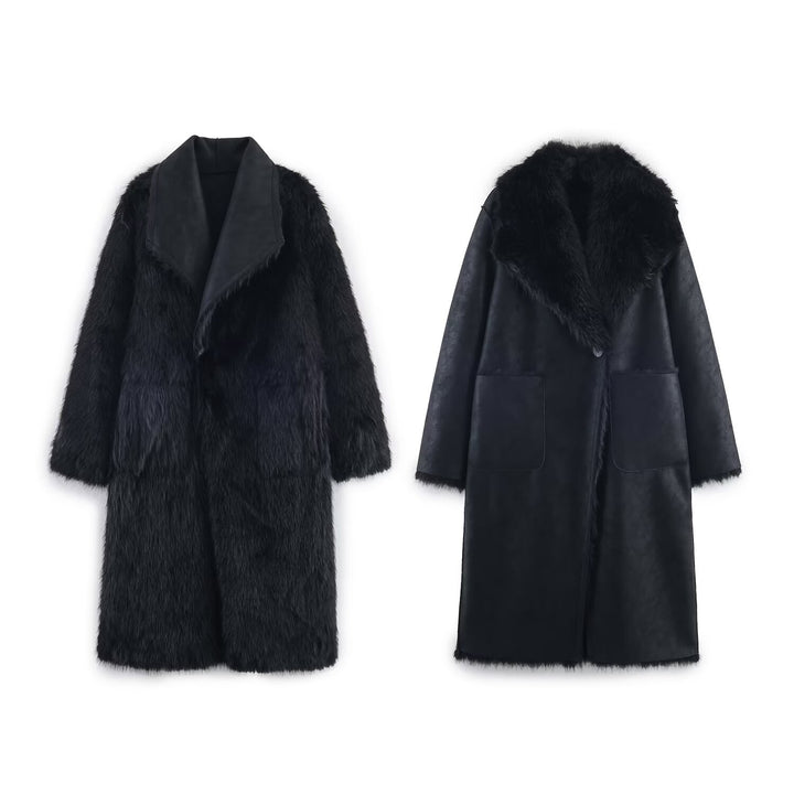 Women Longer Reversible Faux Fur Coat with Oversized Shawl Collar and Patch Pockets Mune Fashion