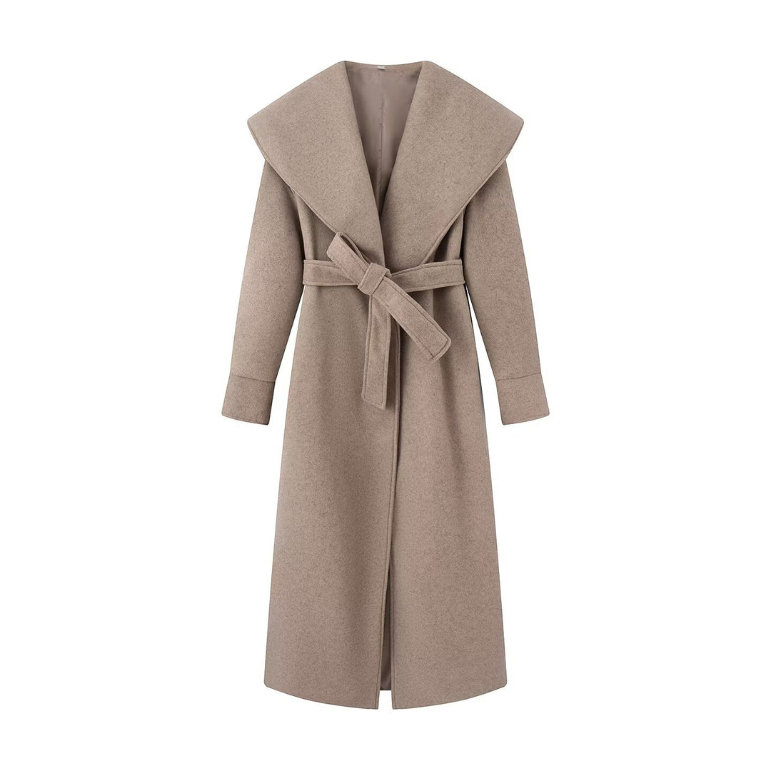 Women's Maxi Coat with Oversized Shawl Collar and Belt Mune Fashion