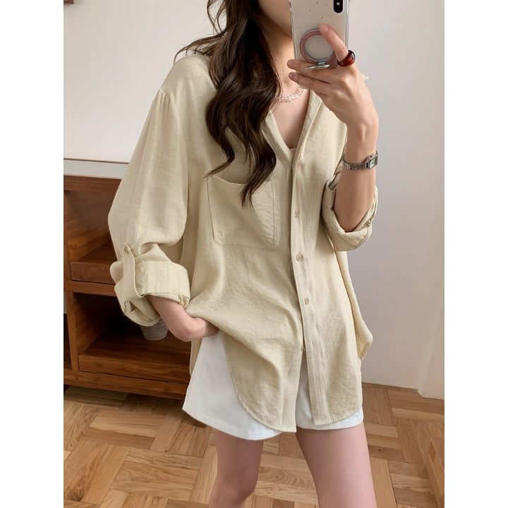 Ladies Casual Linen Look Long Shirt with Oversize Cut and Breast Pocket Mune Fashion