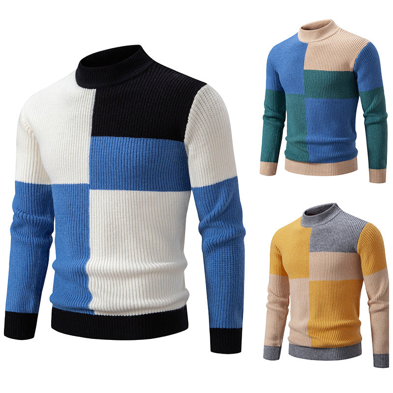 Men's chunky knit sweater with stand-up collar and contrasting block stripe pattern Mune Fashion