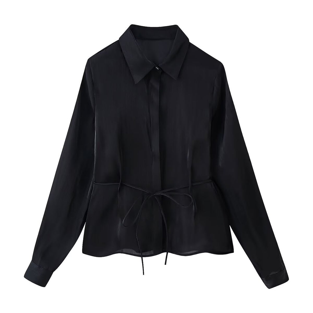 Women's Silky Blouse with Waistband and Concealed Button Placket Mune Fashion
