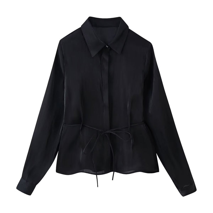 Women's Silky Blouse with Waistband and Concealed Button Placket Mune Fashion