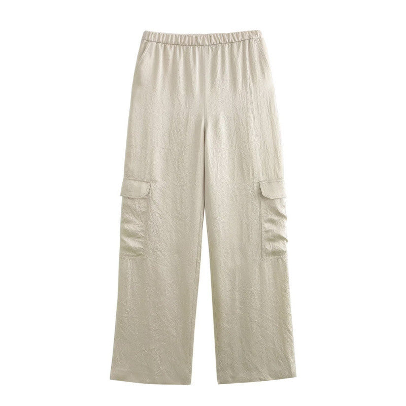 Women's Wide Cargo Pants with Elastic Waistband and Flap Pockets Mune Fashion