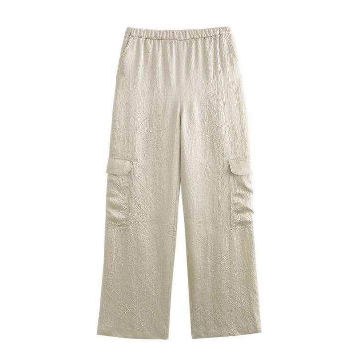Women's Wide Cargo Pants with Elastic Waistband and Flap Pockets Mune Fashion