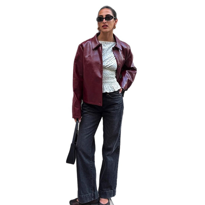 Women's Boxy Faux Leather Jacket with Shirt Collar and Straight Cropped Cut Mune Fashion