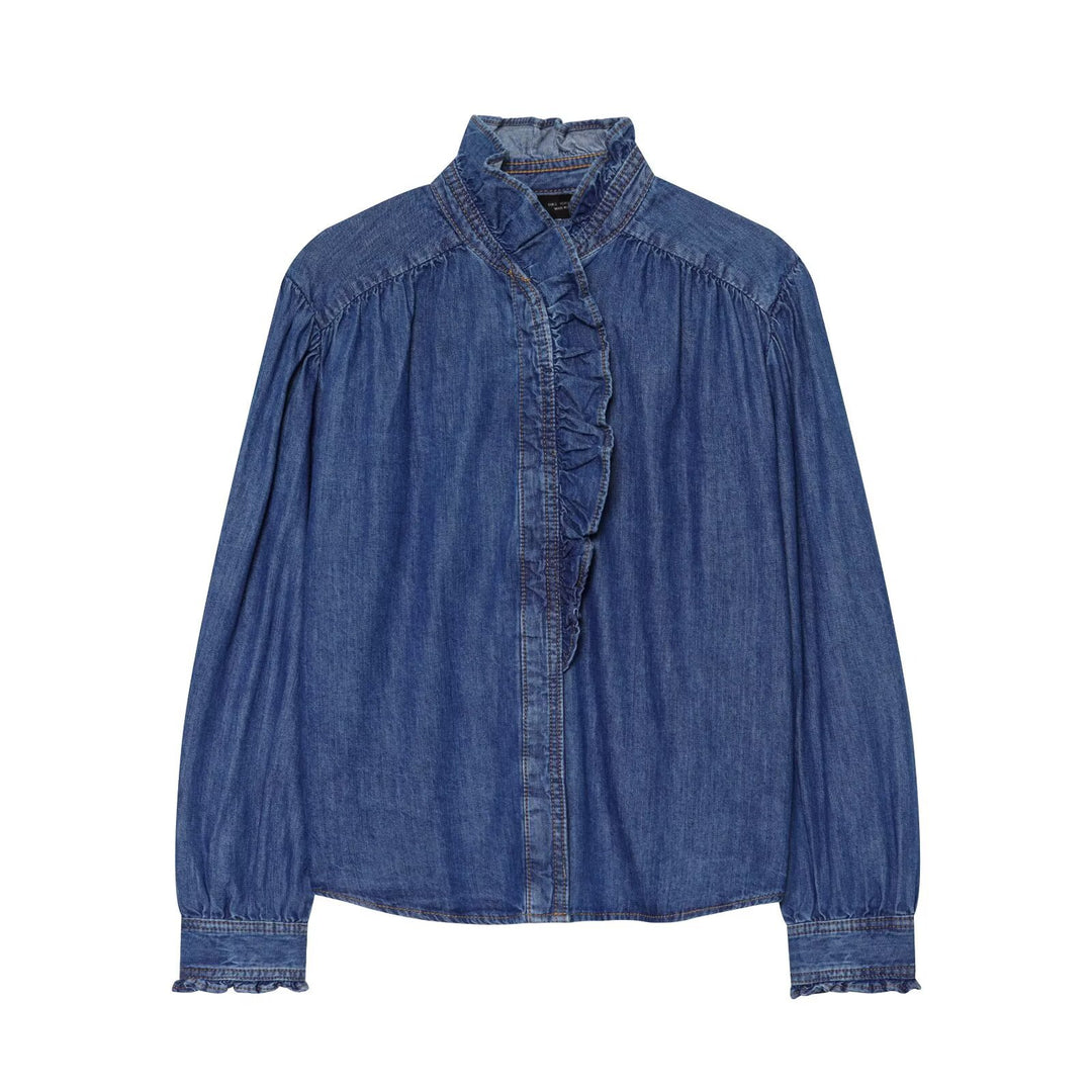 Women's Soft Denim Tunic with Ruffle Trim, Stand Collar, and Balloon Sleeves Drune