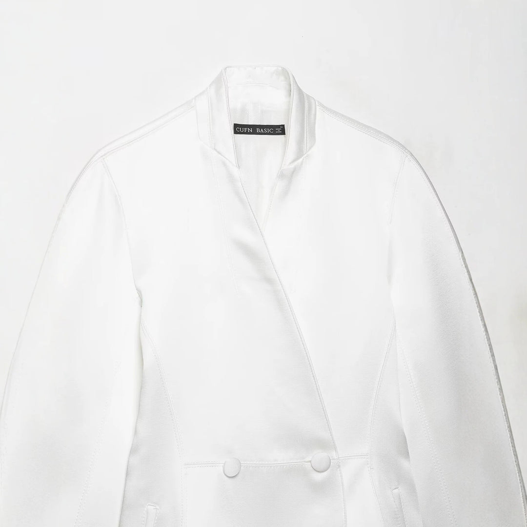 Women's Tailored Double-Breasted Blazer with Stand Collar Mune Fashion