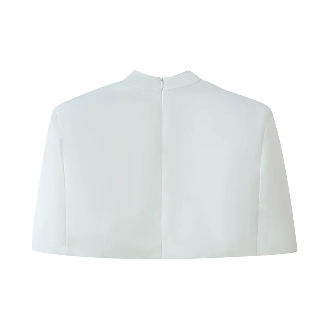 Women nan short Capelet top with stand collar, concealed back zipper and minimalist chest panel Mune Fashion