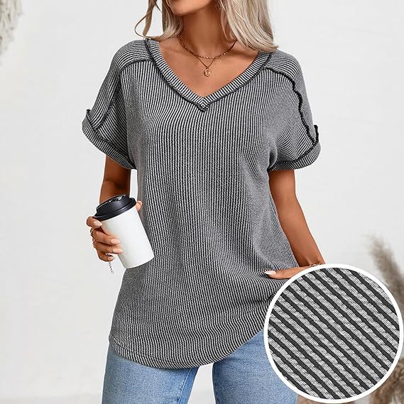 Women Ribbed V-Neck Short Sleeve Fine Knit Top with Turned Up Sleeves Mune Fashion