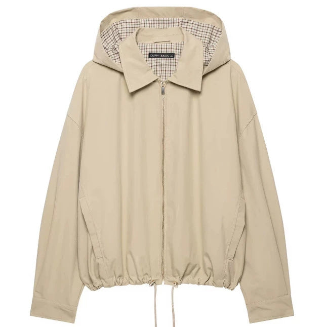 Women's Lightweight Hooded Jacket in Boxy Cut with Drawstring and Check Lining Mune Fashion