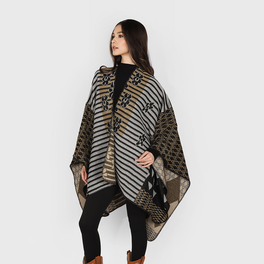 Women's Oversize Jacquard Ruana in Ethno Patchwork Design Mune Fashion