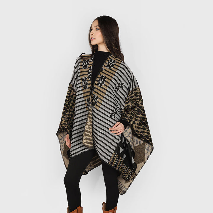 Women's Oversize Jacquard Ruana in Ethno Patchwork Design Mune Fashion
