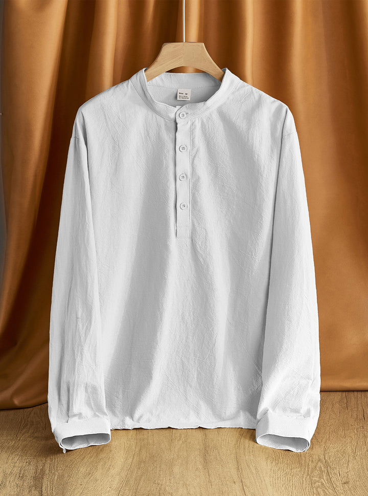 Men's Linen Blend Long Sleeve Henley Shirt with Stand Collar Mune Fashion