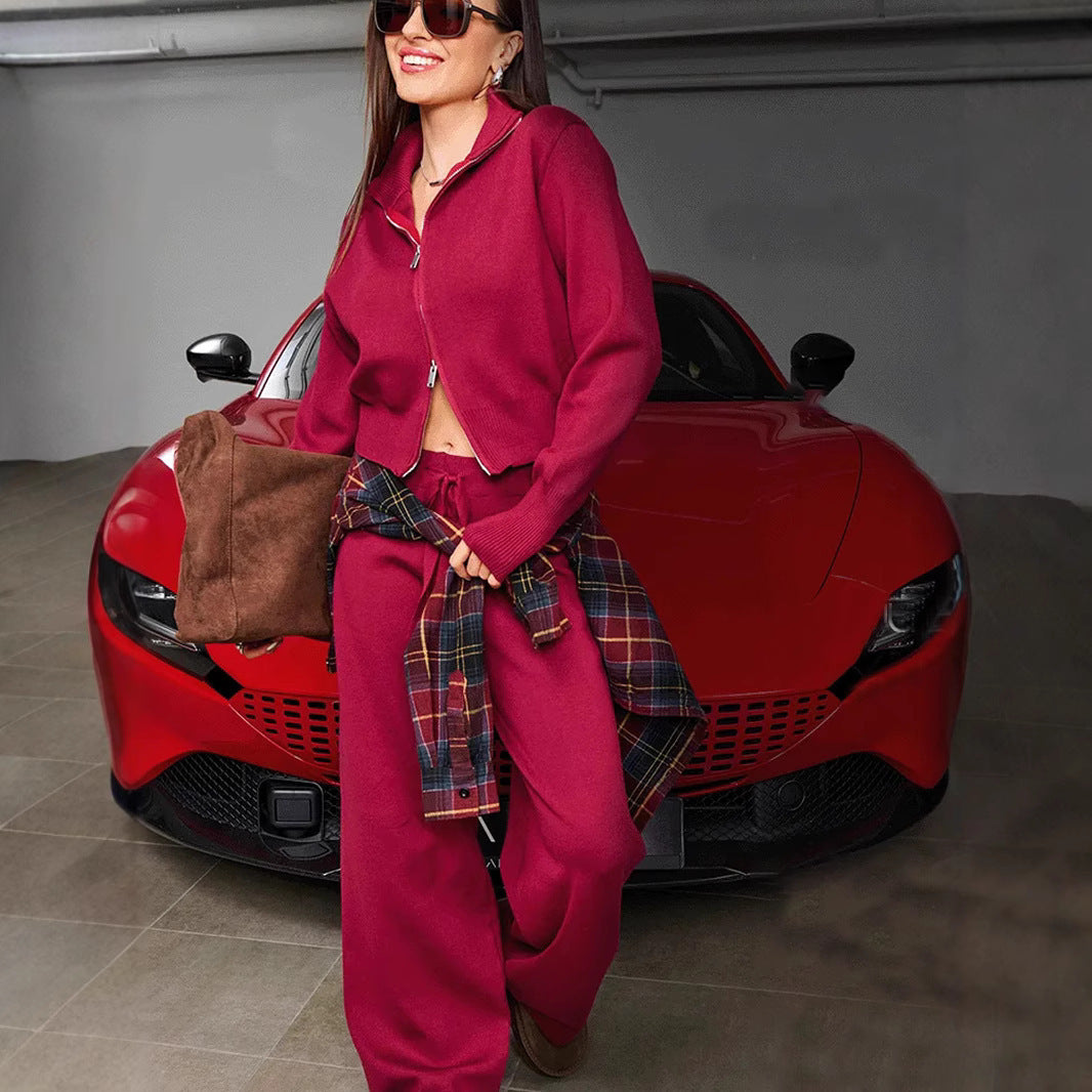 Women knitted loungewear two-piece with short zip cardigan and wide high waist pant leg Mune Fashion