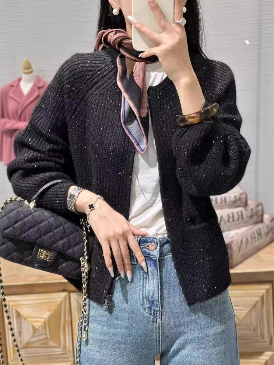 Women's cropped boxy cardigan with ribbed fine knit balloon sleeves and patch pockets Mune Fashion