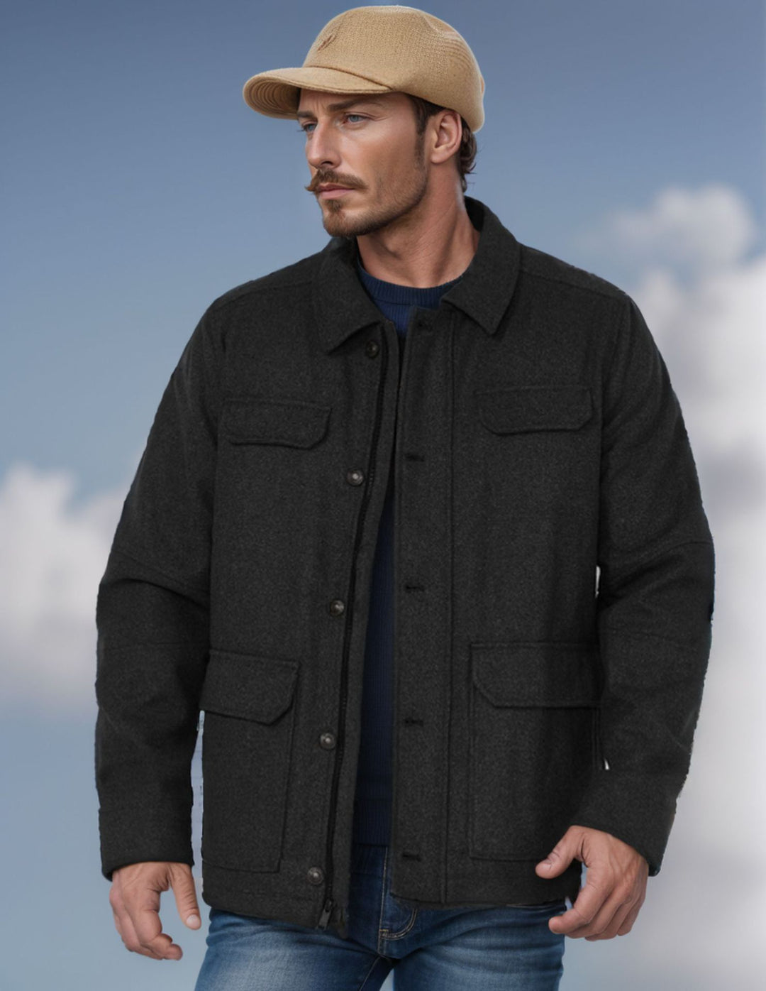 Men's Wool Field Jacket with Four Flap Pockets and Shirt Collar Mune Fashion