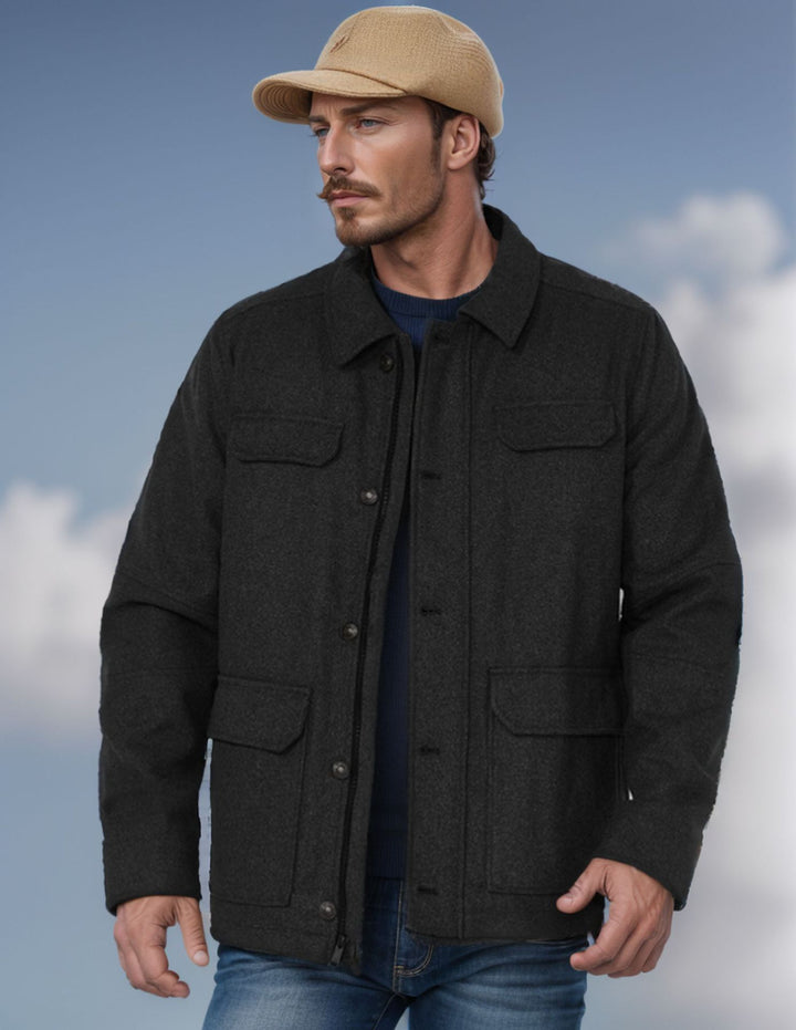 Men's Wool Field Jacket with Four Flap Pockets and Shirt Collar Mune Fashion
