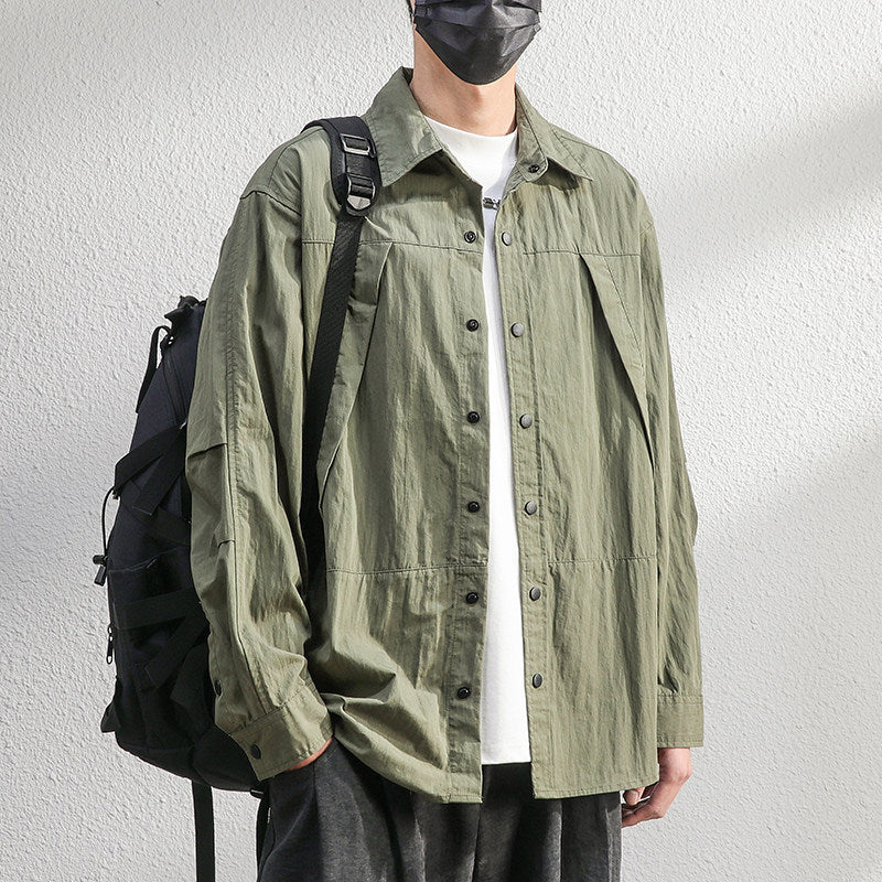 Men's Lightweight Overshirt Shirt Jacket in Relaxed Fit with Press Stud Placket and Pleat Detail Mune Fashion