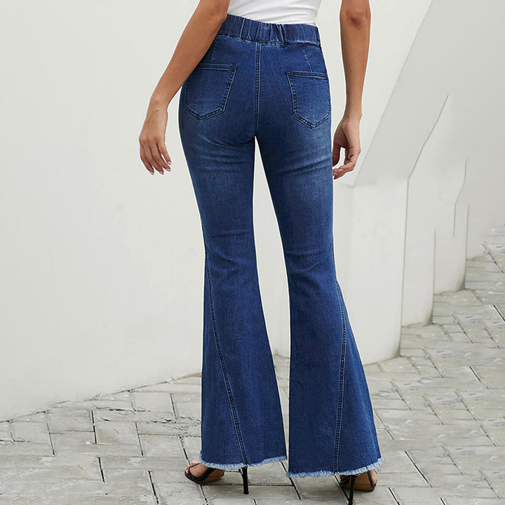 Women's high-waisted flared denim pants with elastic drawstring waistband, decorative seams, and raw hem Mune Fashion