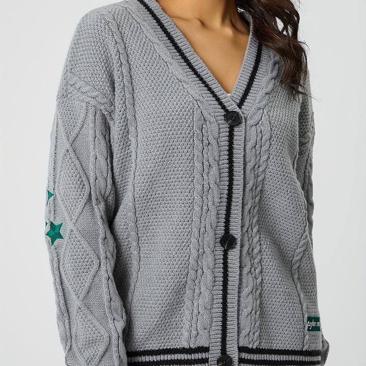 Women's oversized cable-knit cardigan with V-neck and contrasting knit edges Mune Fashion