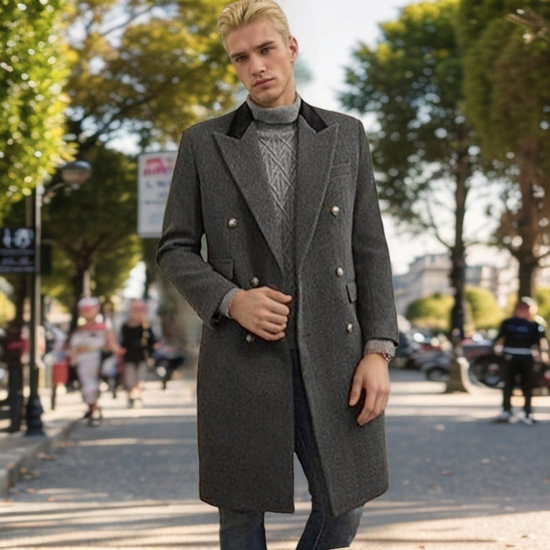 Men's Modern Urban Coat with Double Button Placket and Velvet Collar Mune