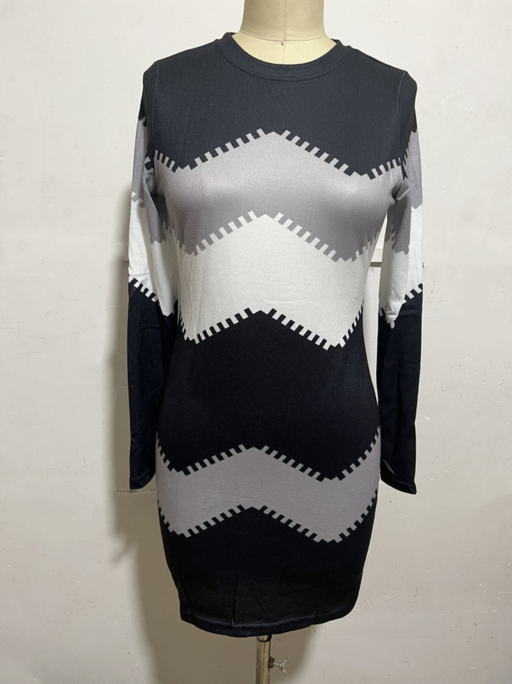 Women's long sleeve knit dress with chevron pattern, straight hem, and body-flattering fit Mune Fashion