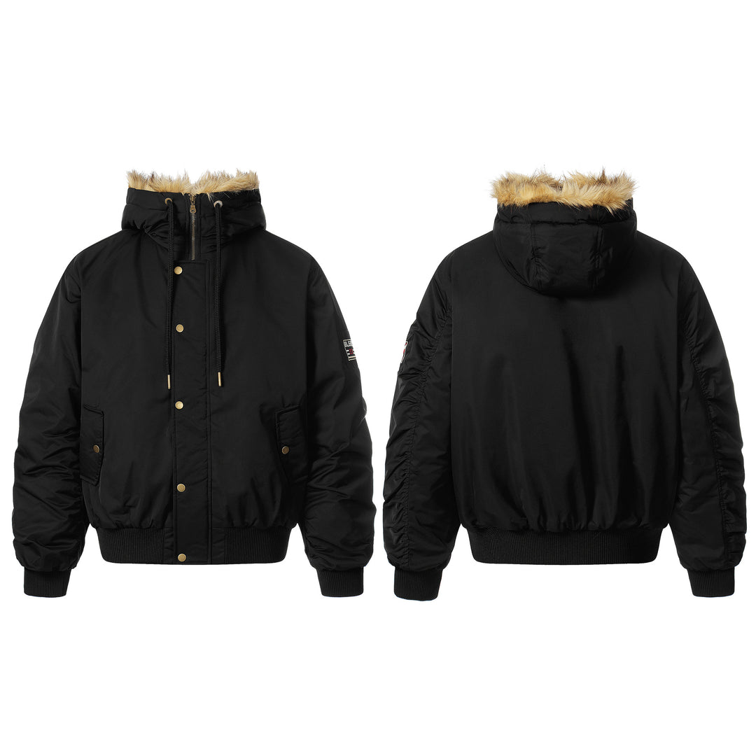 Men's Lined Bomber Parka with Hood and Faux Fur Trim Mune Fashion
