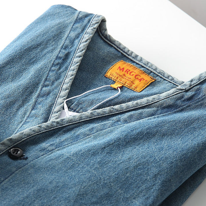 Men's Lightweight Denim Blazer in Overshirt Style with V-Neck and Patch Pockets Mune Fashion