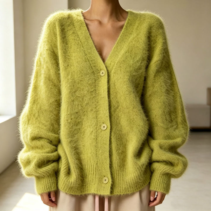 Women's Fluffy Oversize Button Cardigan with Deep V-Neck and Insert Pockets Mune Fashion