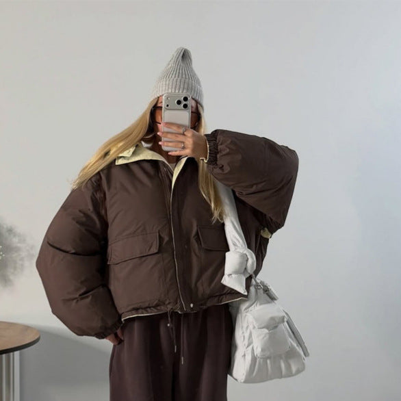 Women's Short Oversized Padded Jacket with High Collar and Quilted Lining Mune Fashion