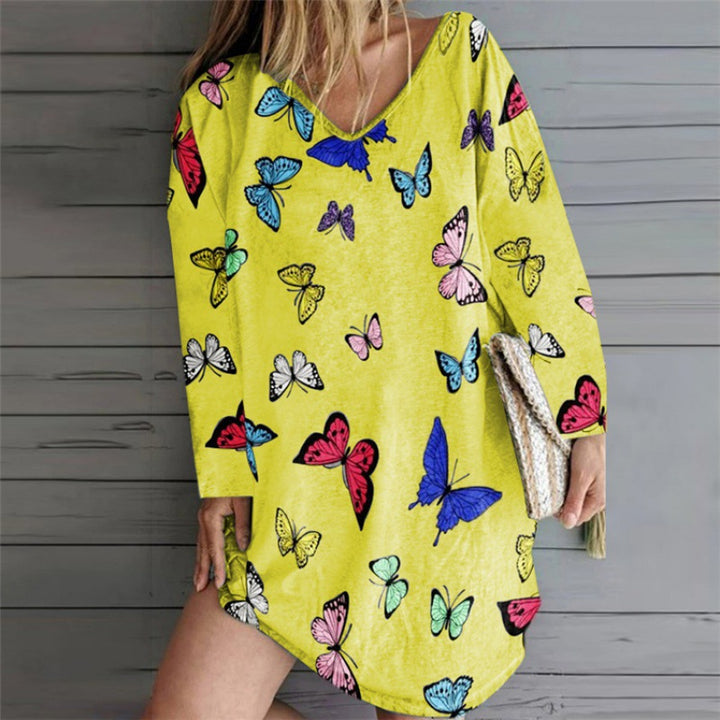 Women Oversize Tunic Dress with V-Neck and Butterfly Print Mune Fashion