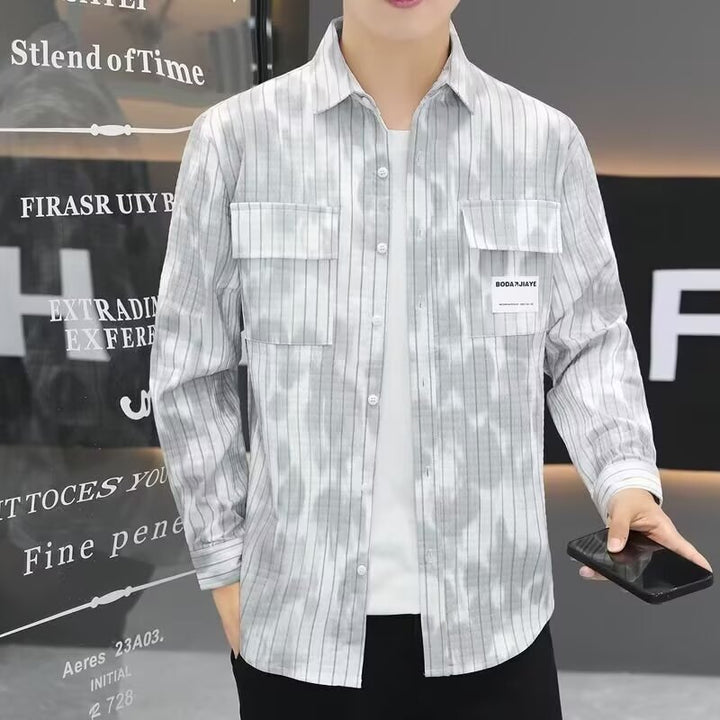 Men's Shirt Jacket with Vertical Pinstripes and Patch Chest Pockets Mune Fashion