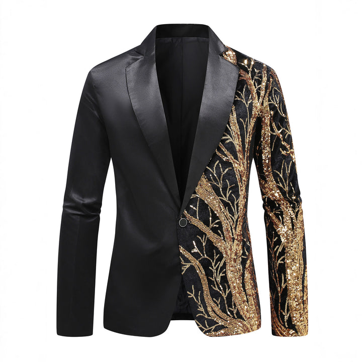 Men's tuxedo blazer with gold sequin trim and tailored satin look Mune Fashion