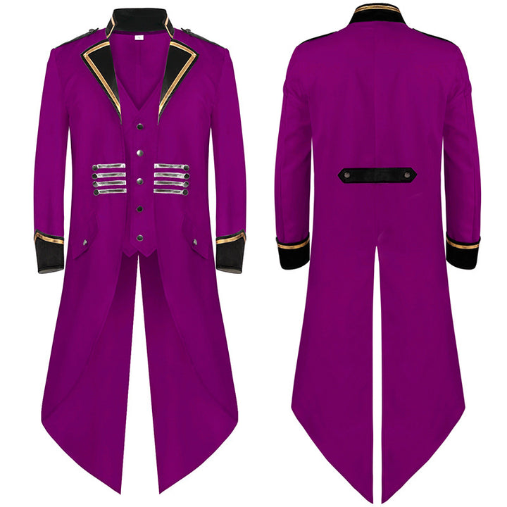 Men's military-inspired long coat with flared cut, stand collar, and decorative metal strips Mune Fashion