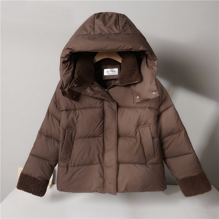 Women's cropped padded jacket with high closing teddy collar, fleece lining and adjustable hem Mune Fashion