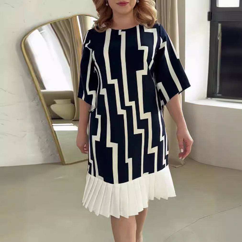 Women nan graphic A-line dress with pleated hem and three-quarter sleeves Mune Fashion