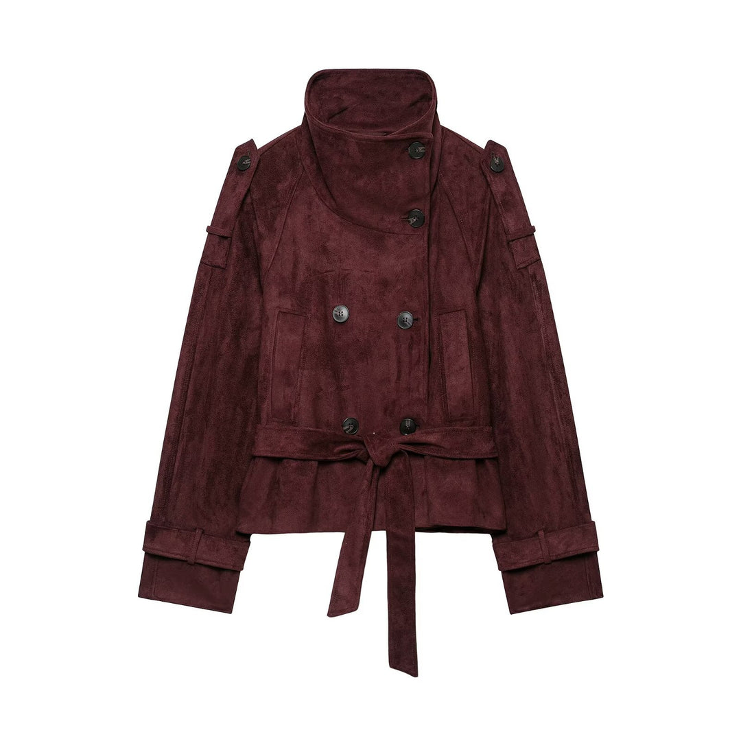 Women's short trench coat in suede look with high stand-up collar and tie belt Mune Fashion